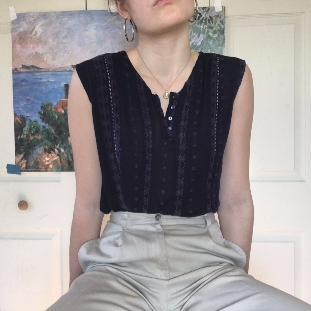 boho navy blue sheer embroidered tank ruffles